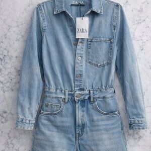 ZARA Premium Denim Utility Romper — Belted Distressed Jean Playsuit — NWT —